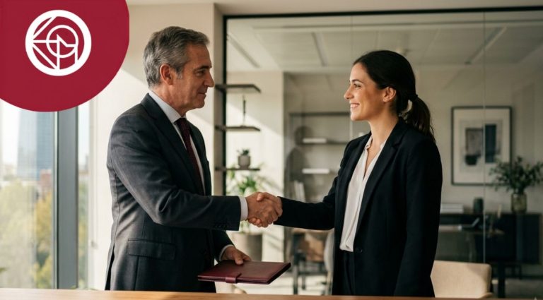 Empresario y trabajador firmando un contrato con periodo de prueba en una oficina.